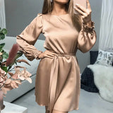 Women Casual O-Neck Satin Mini Dress Solid Long Sleeve Lace Up A Line Dress 2024 New Spring Summer Party Women Elegant Dress