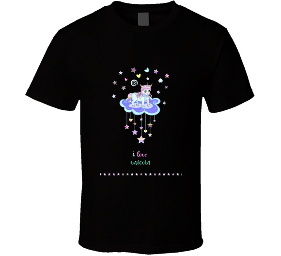 Vector Illustration Of Beautiful Cartoon Unicorn On The Cloud With Lettering And T Shirt