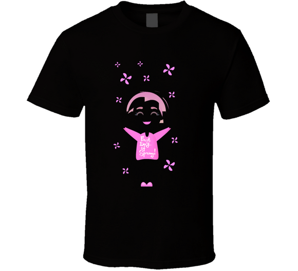 First Day Of Spring Lettering  Happy Girl In Pink Clothes With Flowers Isolated On T Shirt